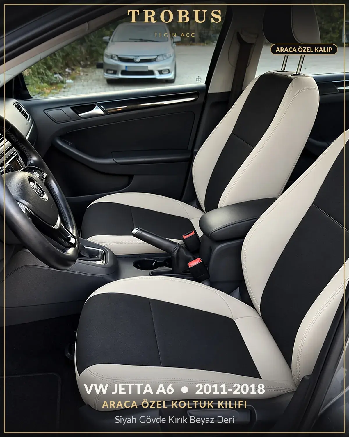 Volkswagen Jetta A6 2011-2018 Araca Özel Koltuk Kılıfı Siyah Gövde Kırık Beyaz Deri (1)