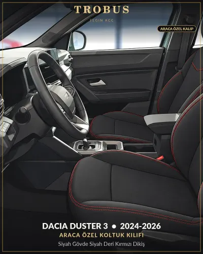 Dacia Duster 3 2024-2026 Araca Özel Koltuk Kılıfı Siyah Gövde Siyah Deri Kırmızı Dikiş
