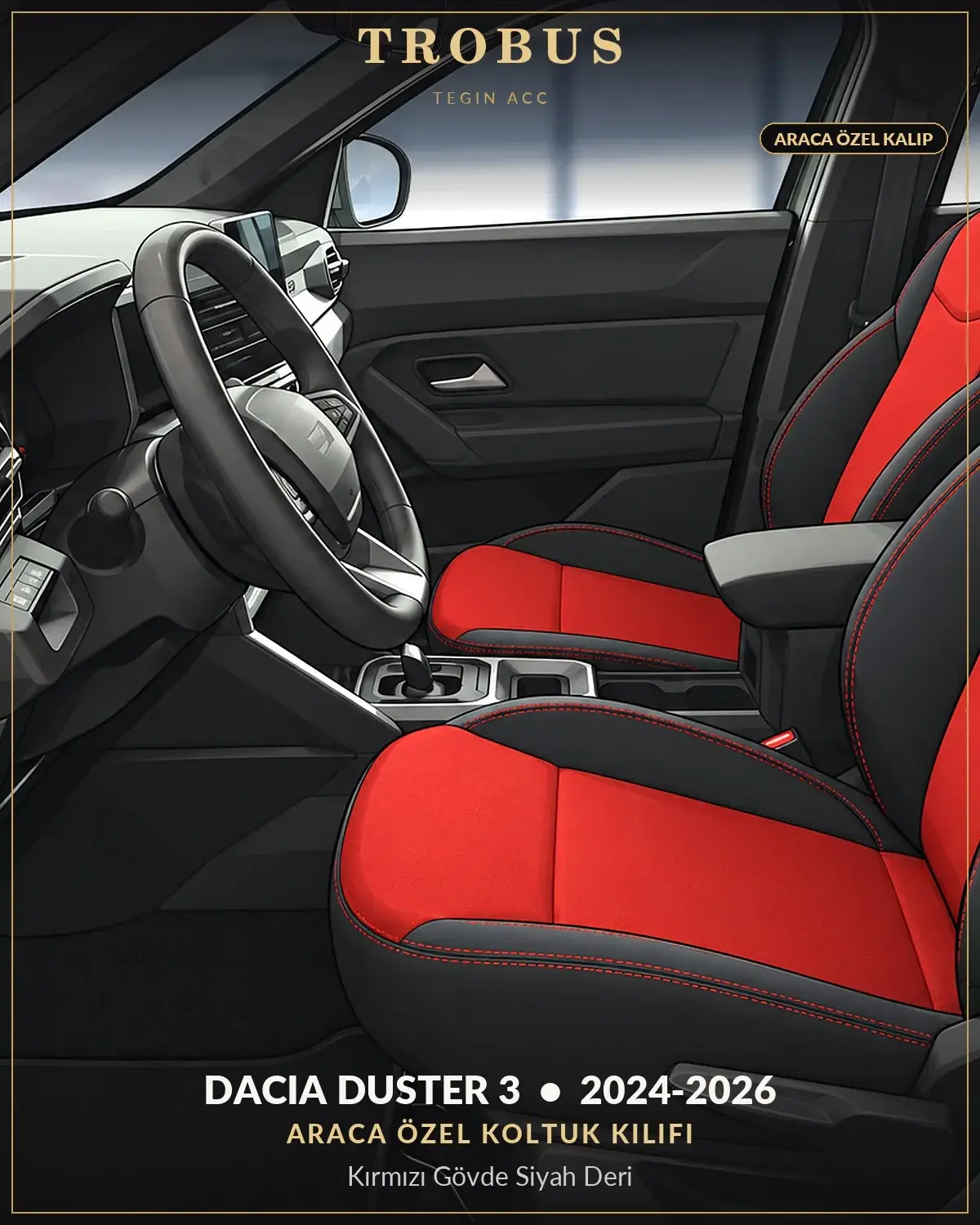 Dacia Duster 3 2024-2026 Araca Özel Koltuk Kılıfı Kırmızı Gövde Siyah Deri (1)