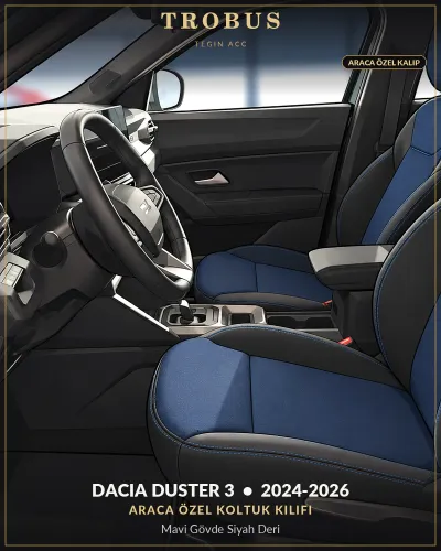 Dacia Duster 3 2024-2026 Araca Özel Koltuk Kılıfı Mavi Gövde Siyah Deri