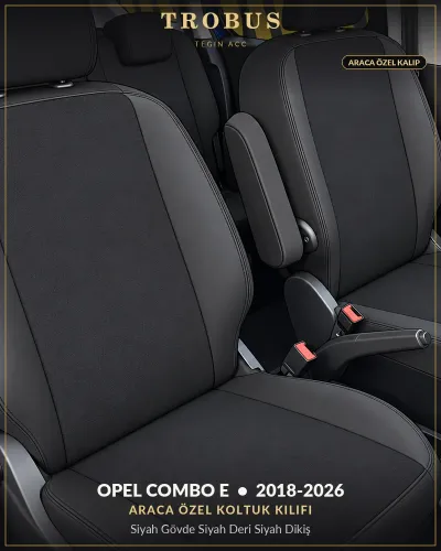 Opel Combo E 2018-2026 Araca Özel Koltuk Kılıfı Siyah Gövde Siyah Deri Siyah Dikiş