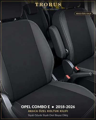 Opel Combo E 2018-2026 Araca Özel Koltuk Kılıfı Siyah Gövde Siyah Deri Beyaz Dikiş