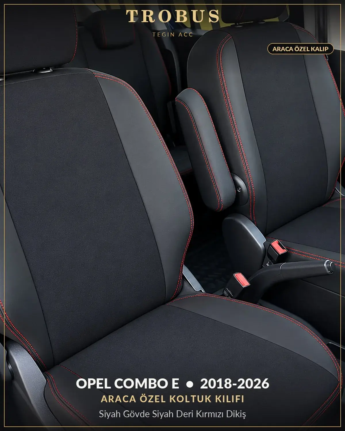Opel Combo E 2018-2026 Araca Özel Koltuk Kılıfı Siyah Gövde Siyah Deri Kırmızı Dikiş (1)