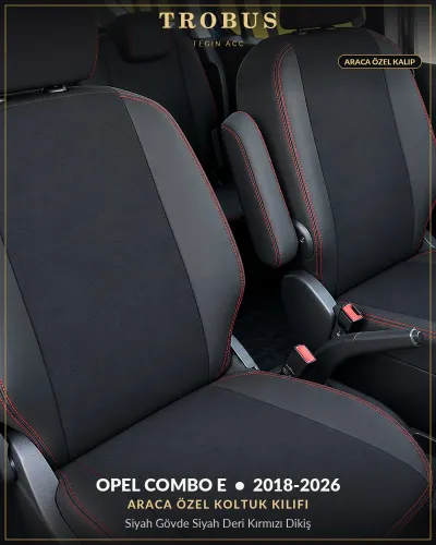 Opel Combo E 2018-2026 Araca Özel Koltuk Kılıfı Siyah Gövde Siyah Deri Kırmızı Dikiş