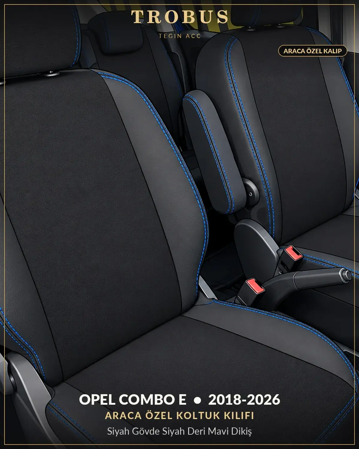 Opel Combo E 2018-2026 Araca Özel Koltuk Kılıfı Siyah Gövde Siyah Deri Mavi Dikiş (1)