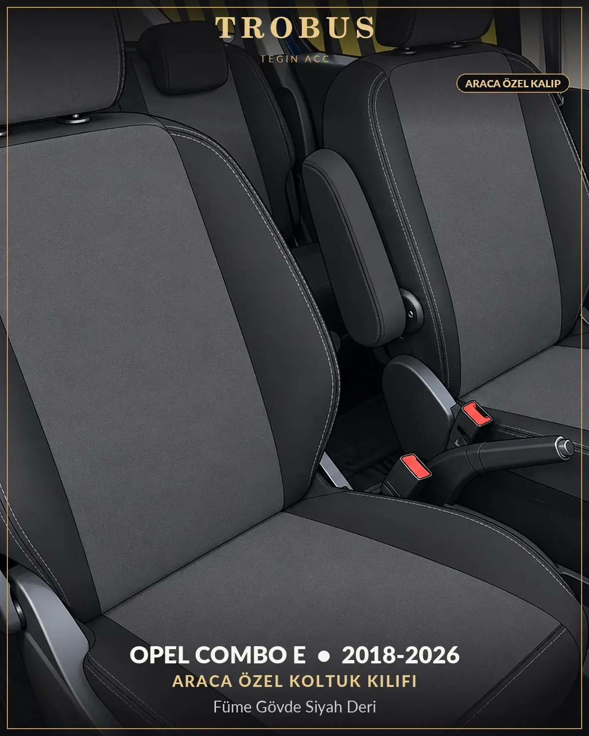 Opel Combo E 2018-2026 Araca Özel Koltuk Kılıfı Füme Gövde Siyah Deri (1)