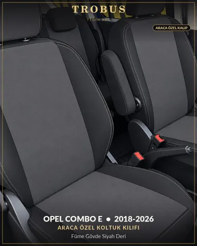 Opel Combo E 2018-2026 Araca Özel Koltuk Kılıfı Füme Gövde Siyah Deri