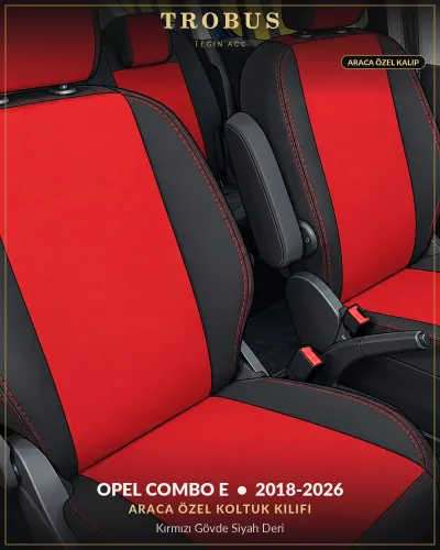 Opel Combo E 2018-2026 Araca Özel Koltuk Kılıfı Kırmızı Gövde Siyah Deri