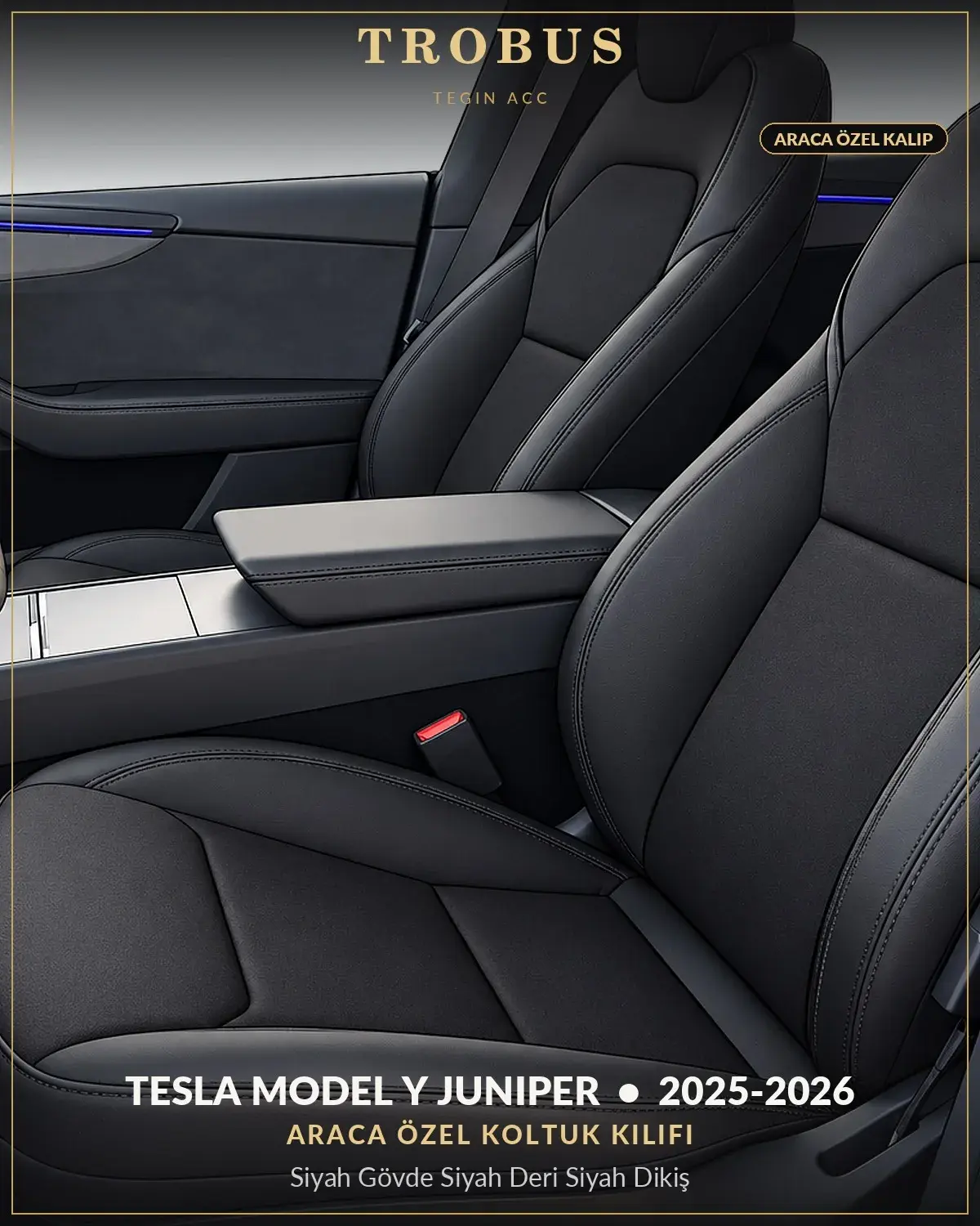 Tesla Model Y Juniper 2025-2026 Araca Özel Koltuk Kılıfı Siyah Gövde Siyah Deri Siyah Dikiş (1)