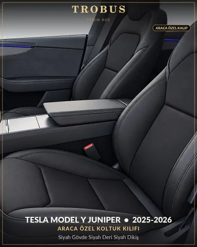Tesla Model Y Juniper 2025-2026 Araca Özel Koltuk Kılıfı Siyah Gövde Siyah Deri Siyah Dikiş