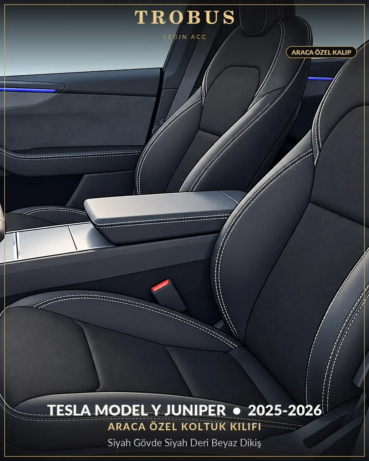 Tesla Model Y Juniper 2025-2026 Araca Özel Koltuk Kılıfı Siyah Gövde Siyah Deri Beyaz Dikiş (1)