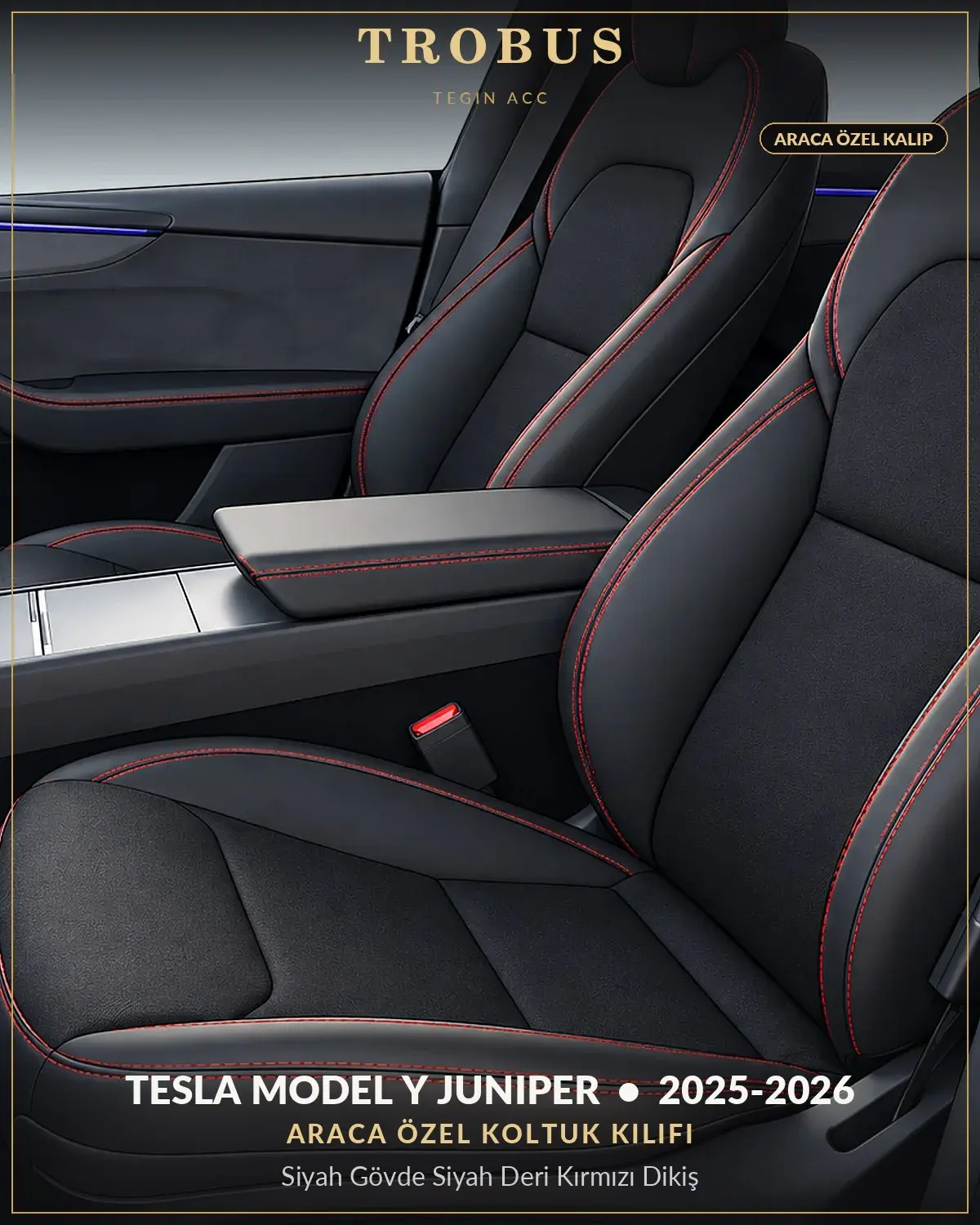 Tesla Model Y Juniper 2025-2026 Araca Özel Koltuk Kılıfı Siyah Gövde Siyah Deri Kırmızı Dikiş (1)