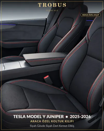 Tesla Model Y Juniper 2025-2026 Araca Özel Koltuk Kılıfı Siyah Gövde Siyah Deri Kırmızı Dikiş