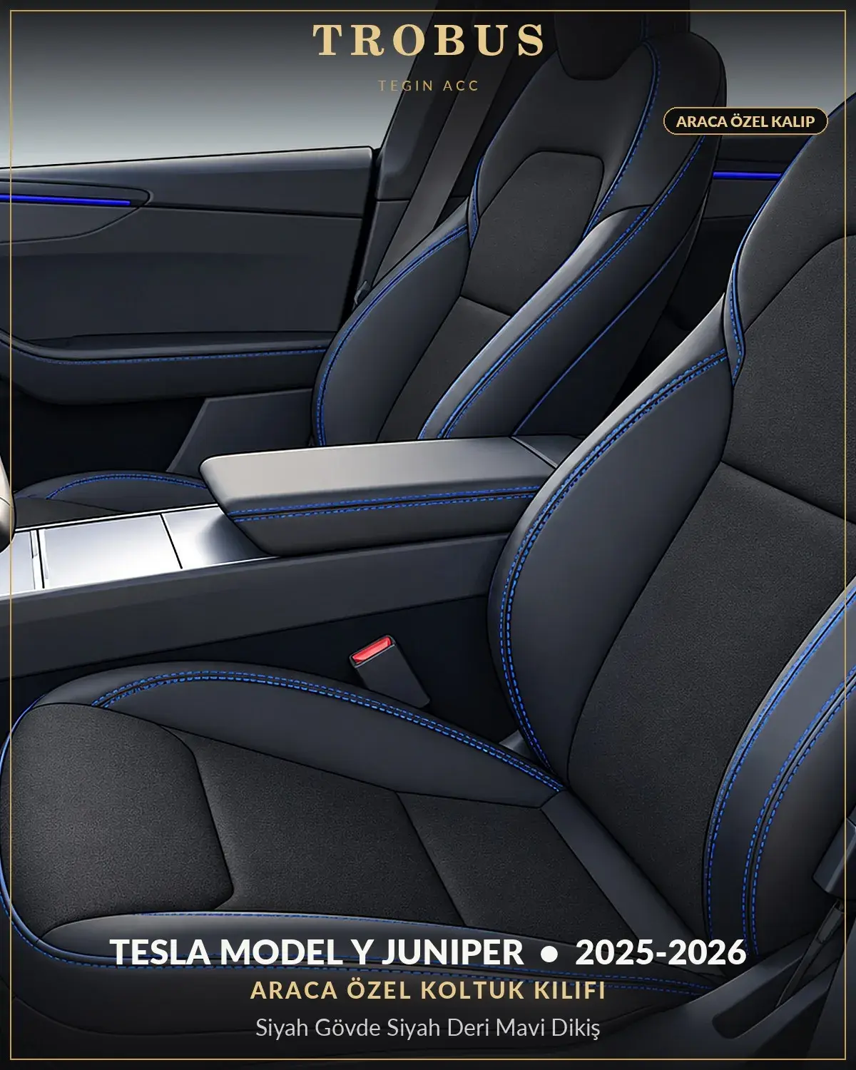 Tesla Model Y Juniper 2025-2026 Araca Özel Koltuk Kılıfı Siyah Gövde Siyah Deri Mavi Dikiş (1)