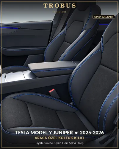 Tesla Model Y Juniper 2025-2026 Araca Özel Koltuk Kılıfı Siyah Gövde Siyah Deri Mavi Dikiş
