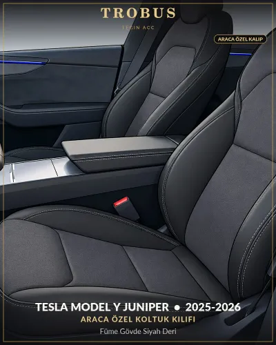Tesla Model Y Juniper 2025-2026 Araca Özel Koltuk Kılıfı Füme Gövde Siyah Deri