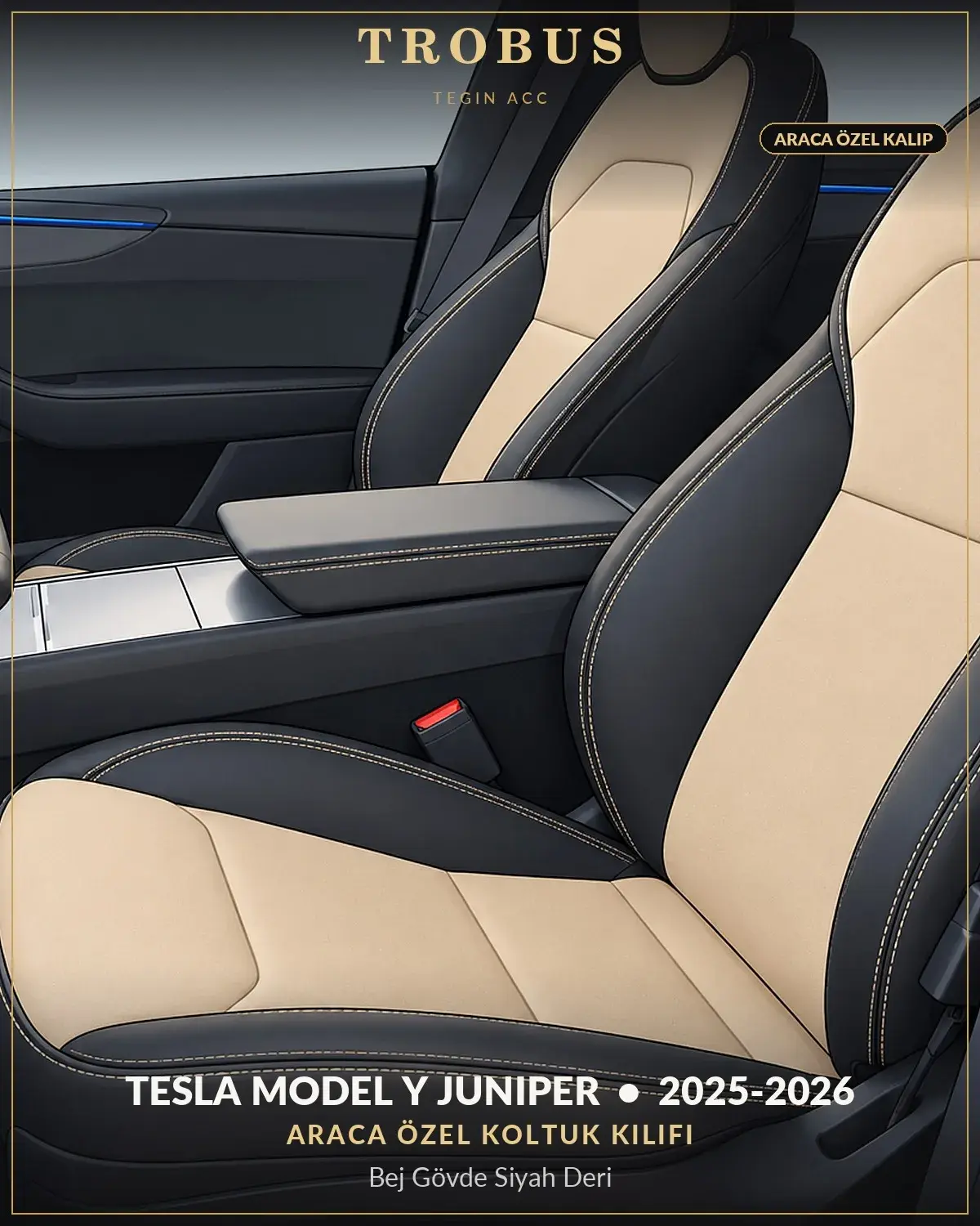 Tesla Model Y Juniper 2025-2026 Araca Özel Koltuk Kılıfı Bej Gövde Siyah Deri (1)