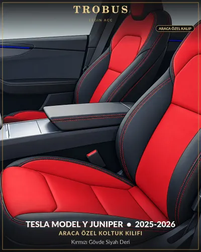 Tesla Model Y Juniper 2025-2026 Araca Özel Koltuk Kılıfı Kırmızı Gövde Siyah Deri