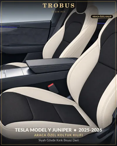 Tesla Model Y Juniper 2025-2026 Araca Özel Koltuk Kılıfı Siyah Gövde Kırık Beyaz Deri