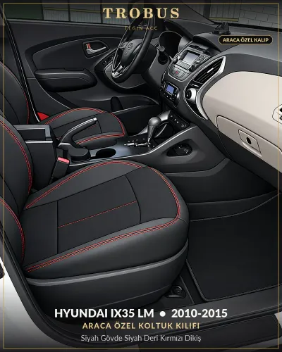 Hyundai ix35 LM 2010-2015 Araca Özel Koltuk Kılıfı Siyah Gövde Siyah Deri Kırmızı Dikiş