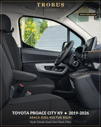 Toyota Proace City K9 2019-2026 Araca Özel Koltuk Kılıfı Siyah Gövde Siyah Deri Siyah Dikiş