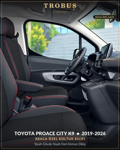 Toyota Proace City K9 2019-2026 Araca Özel Koltuk Kılıfı Siyah Gövde Siyah Deri Kırmızı Dikiş
