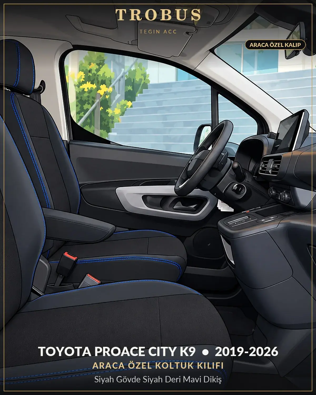 Toyota Proace City K9 2019-2026 Araca Özel Koltuk Kılıfı Siyah Gövde Siyah Deri Mavi Dikiş (1)