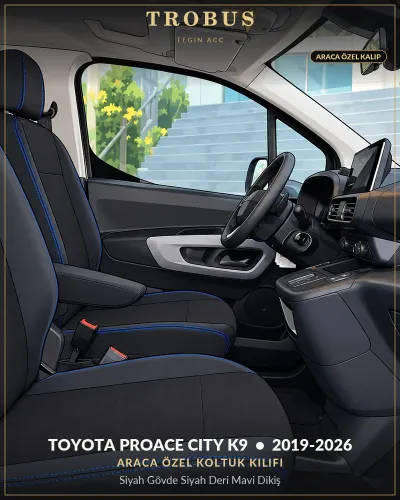 Toyota Proace City K9 2019-2026 Araca Özel Koltuk Kılıfı Siyah Gövde Siyah Deri Mavi Dikiş