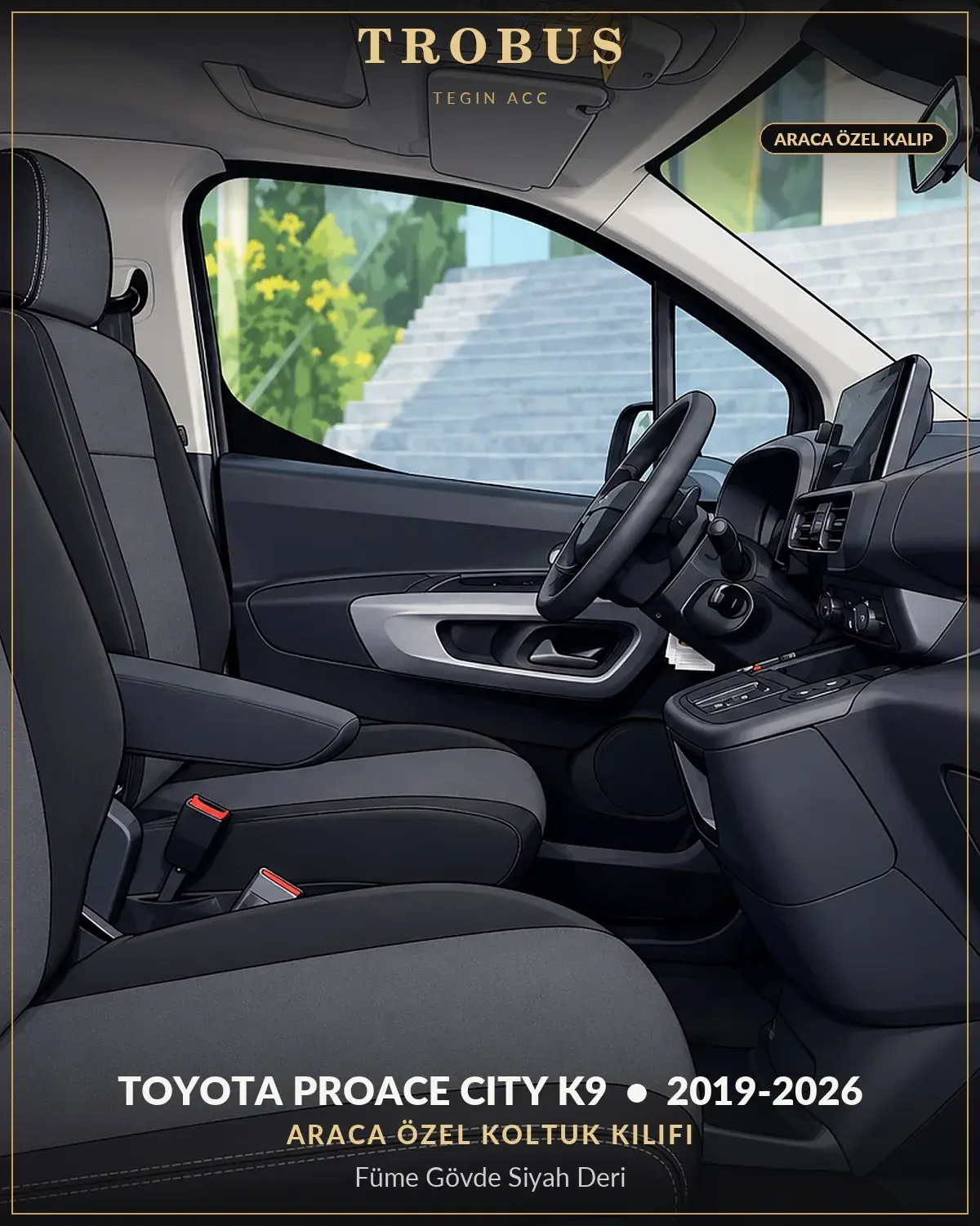 Toyota Proace City K9 2019-2026 Araca Özel Koltuk Kılıfı Füme Gövde Siyah Deri (1)