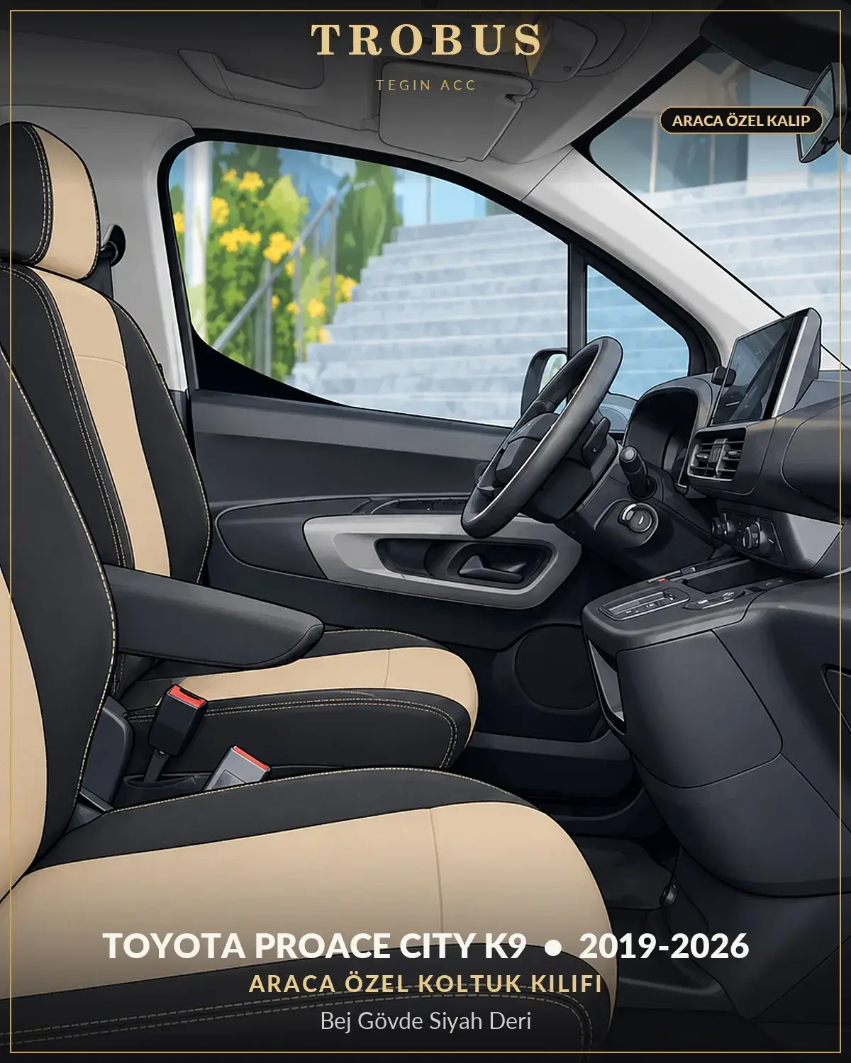 Toyota Proace City K9 2019-2026 Araca Özel Koltuk Kılıfı Bej Gövde Siyah Deri (1)