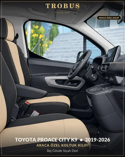 Toyota Proace City K9 2019-2026 Araca Özel Koltuk Kılıfı Bej Gövde Siyah Deri