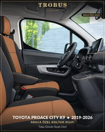 Toyota Proace City K9 2019-2026 Araca Özel Koltuk Kılıfı Taba Gövde Siyah Deri