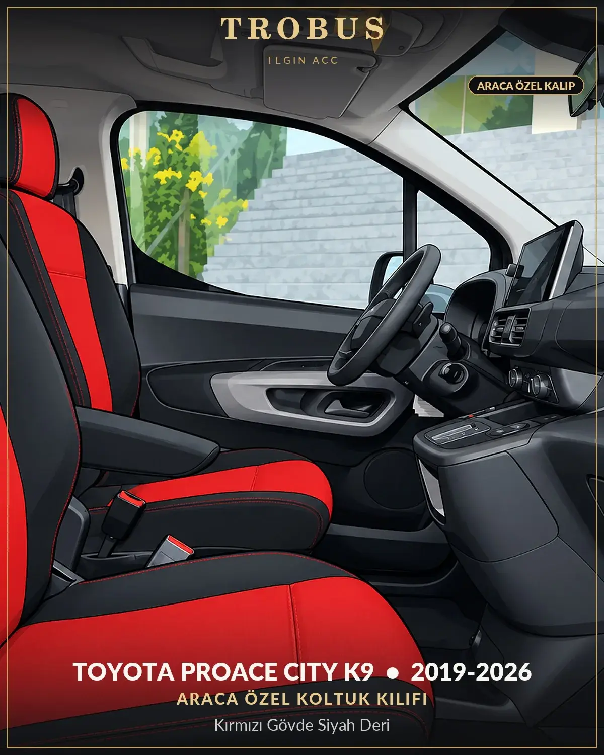 Toyota Proace City K9 2019-2026 Araca Özel Koltuk Kılıfı Kırmızı Gövde Siyah Deri (1)