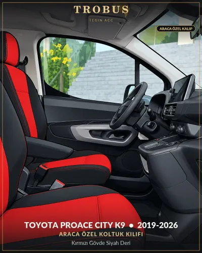 Toyota Proace City K9 2019-2026 Araca Özel Koltuk Kılıfı Kırmızı Gövde Siyah Deri