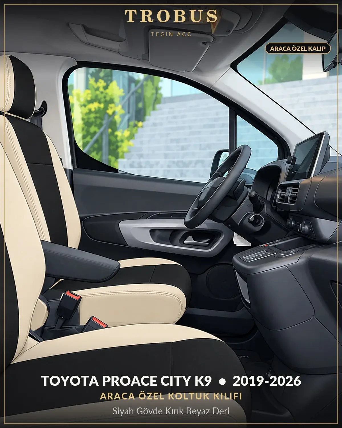 Toyota Proace City K9 2019-2026 Araca Özel Koltuk Kılıfı Siyah Gövde Kırık Beyaz Deri (1)