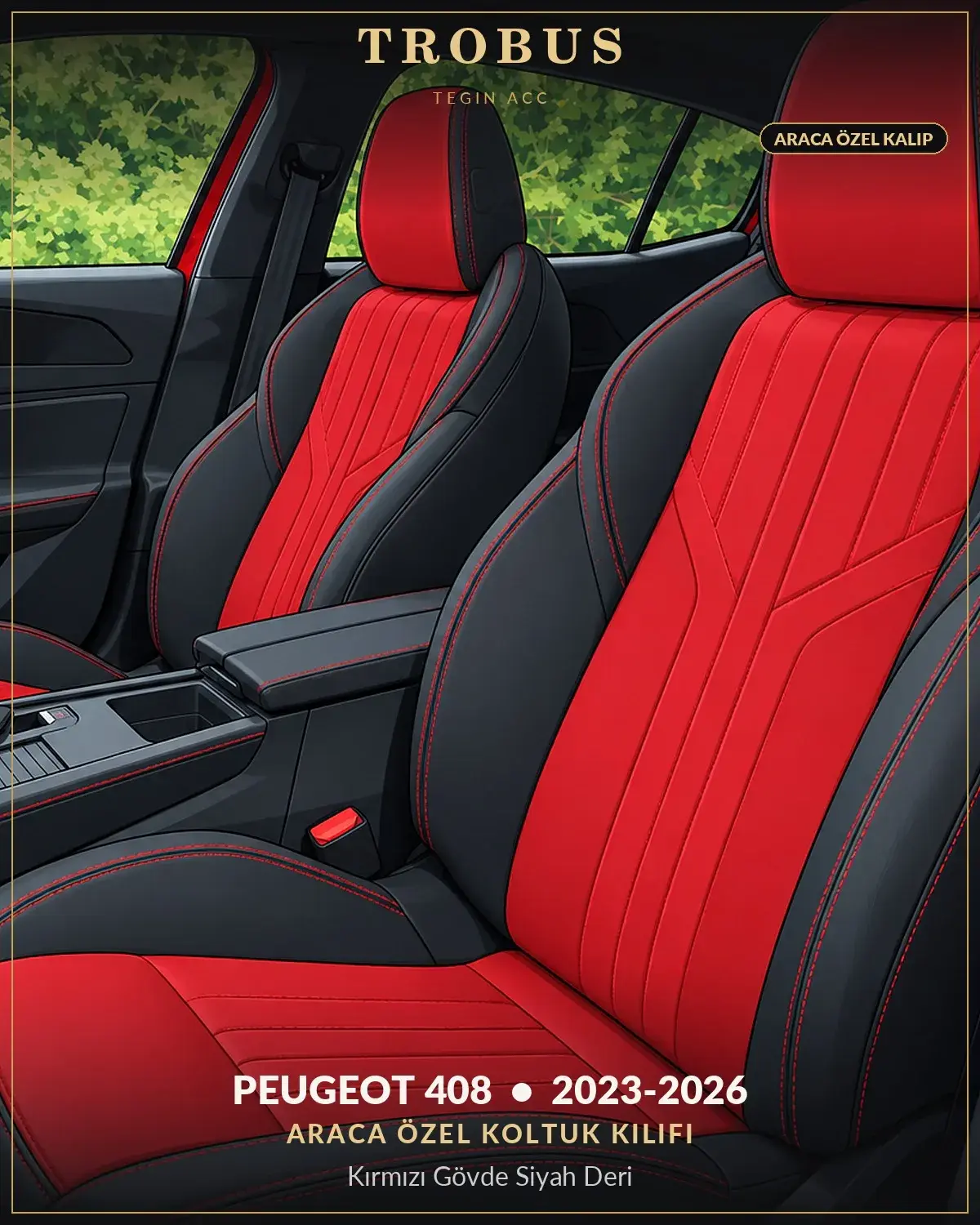 Peugeot 408 2023-2026 Araca Özel Koltuk Kılıfı Kırmızı Gövde Siyah Deri (1)