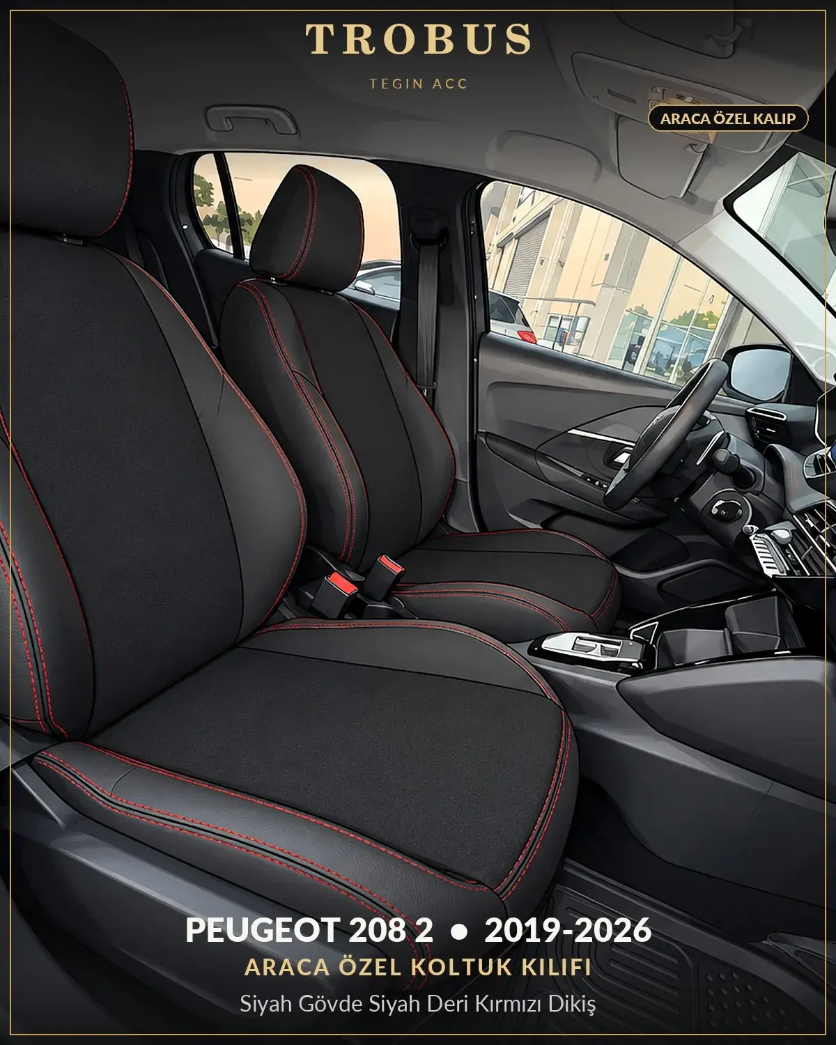 Peugeot 208 2 2019-2026 Araca Özel Koltuk Kılıfı Siyah Gövde Siyah Deri Kırmızı Dikiş (1)