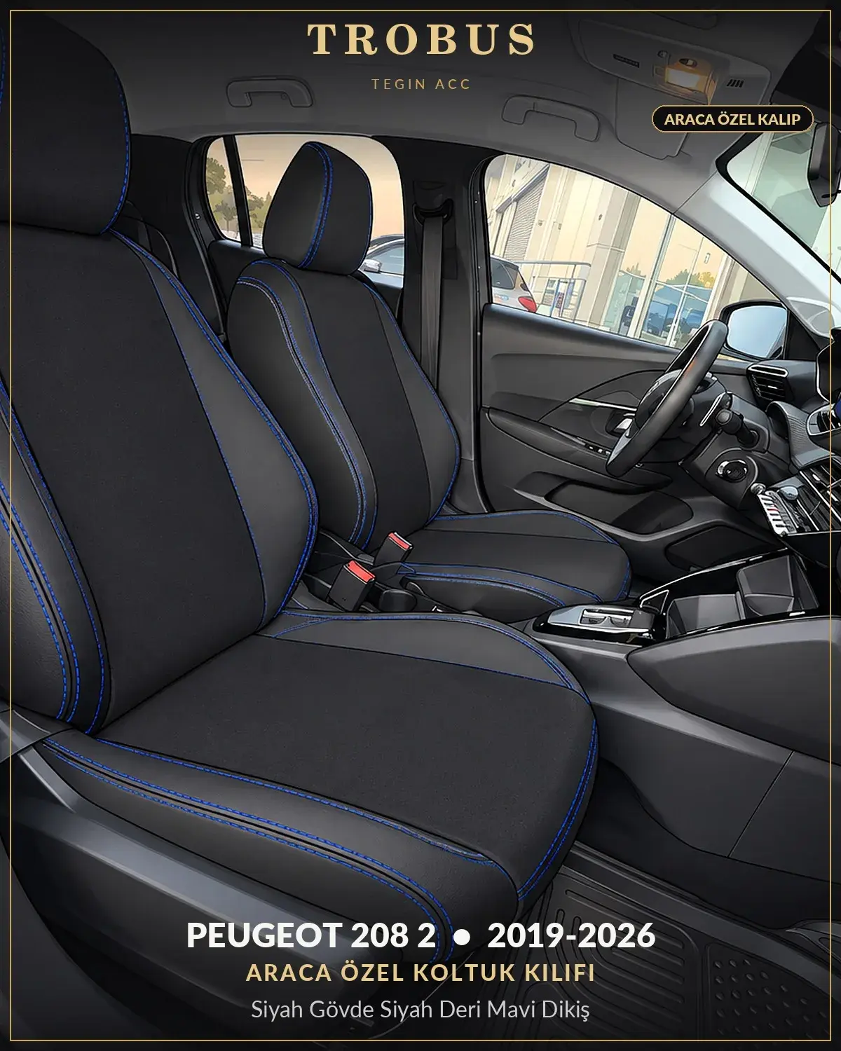 Peugeot 208 2 2019-2026 Araca Özel Koltuk Kılıfı Siyah Gövde Siyah Deri Mavi Dikiş (1)