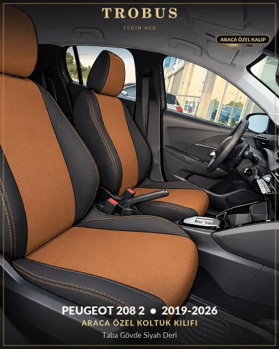 Peugeot 208 2 2019-2026 Araca Özel Koltuk Kılıfı Taba Gövde Siyah Deri
