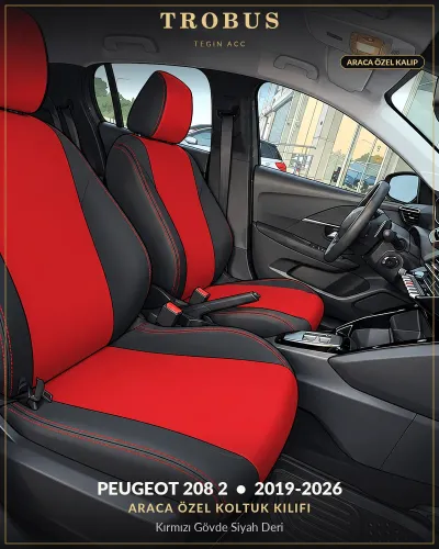 Peugeot 208 2 2019-2026 Araca Özel Koltuk Kılıfı Kırmızı Gövde Siyah Deri