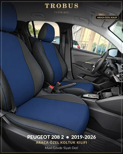 Peugeot 208 2 2019-2026 Araca Özel Koltuk Kılıfı Mavi Gövde Siyah Deri