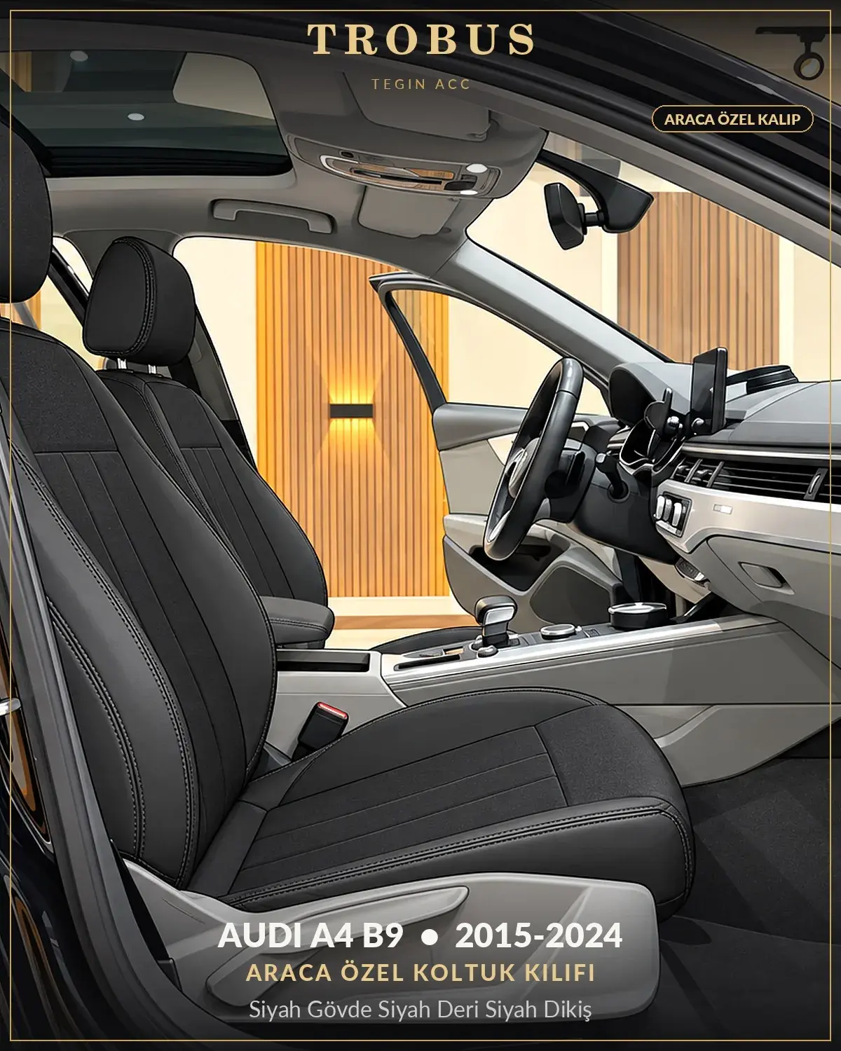 Audi A4 B9 2015-2024 Araca Özel Koltuk Kılıfı Siyah Gövde Siyah Deri Siyah Dikiş (1)