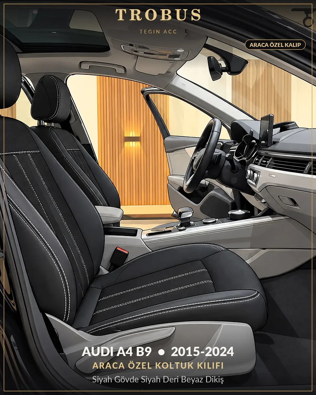 Audi A4 B9 2015-2024 Araca Özel Koltuk Kılıfı Siyah Gövde Siyah Deri Beyaz Dikiş (1)