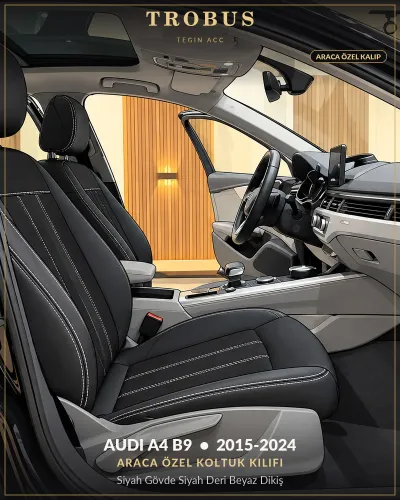 Audi A4 B9 2015-2024 Araca Özel Koltuk Kılıfı Siyah Gövde Siyah Deri Beyaz Dikiş