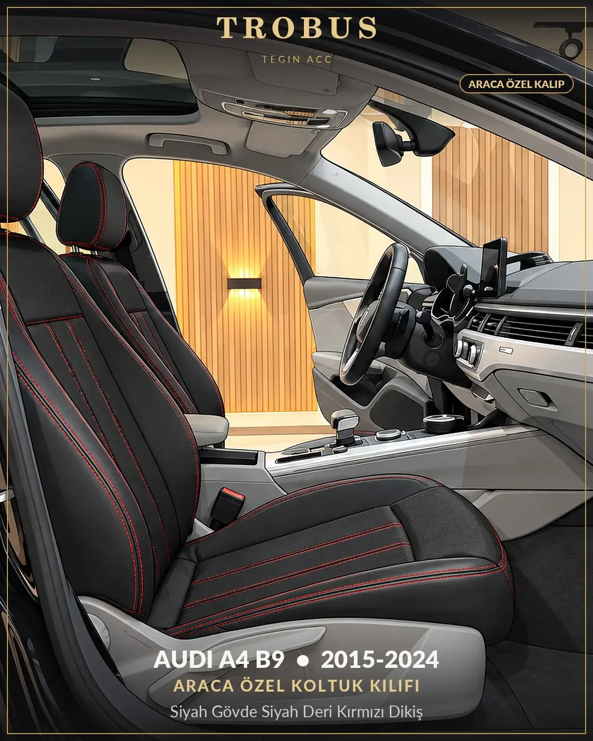 Audi A4 B9 2015-2024 Araca Özel Koltuk Kılıfı Siyah Gövde Siyah Deri Kırmızı Dikiş (1)