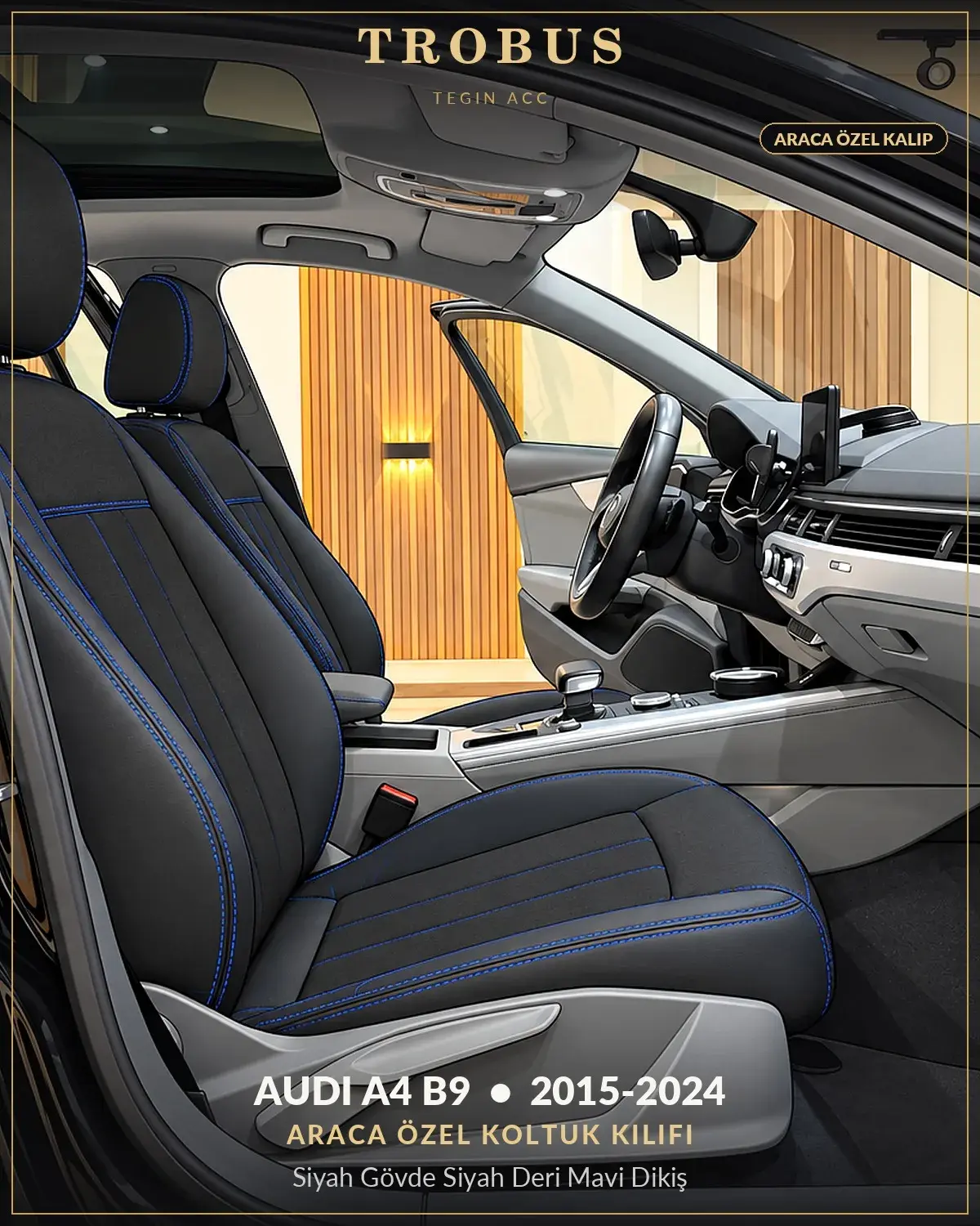 Audi A4 B9 2015-2024 Araca Özel Koltuk Kılıfı Siyah Gövde Siyah Deri Mavi Dikiş (1)