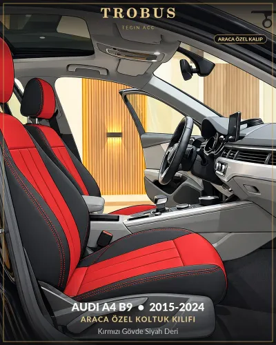 Audi A4 B9 2015-2024 Araca Özel Koltuk Kılıfı Kırmızı Gövde Siyah Deri