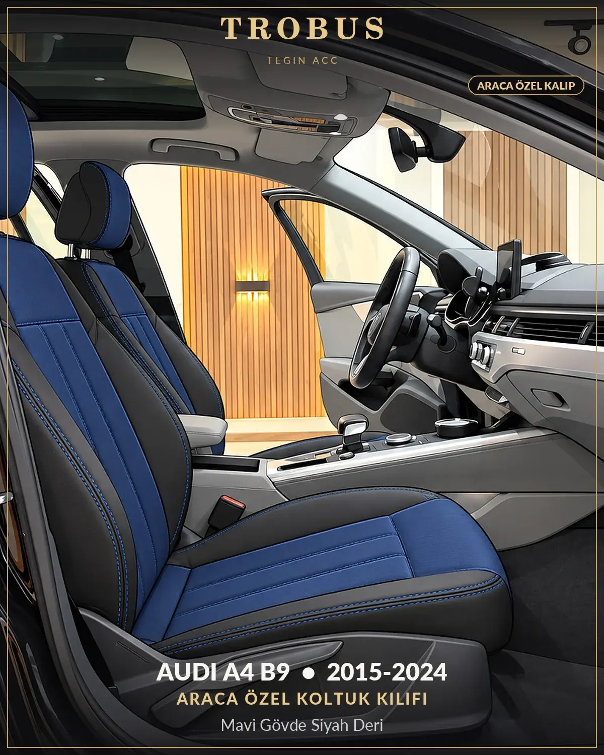 Audi A4 B9 2015-2024 Araca Özel Koltuk Kılıfı Mavi Gövde Siyah Deri (1)