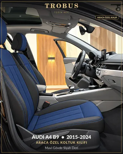 Audi A4 B9 2015-2024 Araca Özel Koltuk Kılıfı Mavi Gövde Siyah Deri
