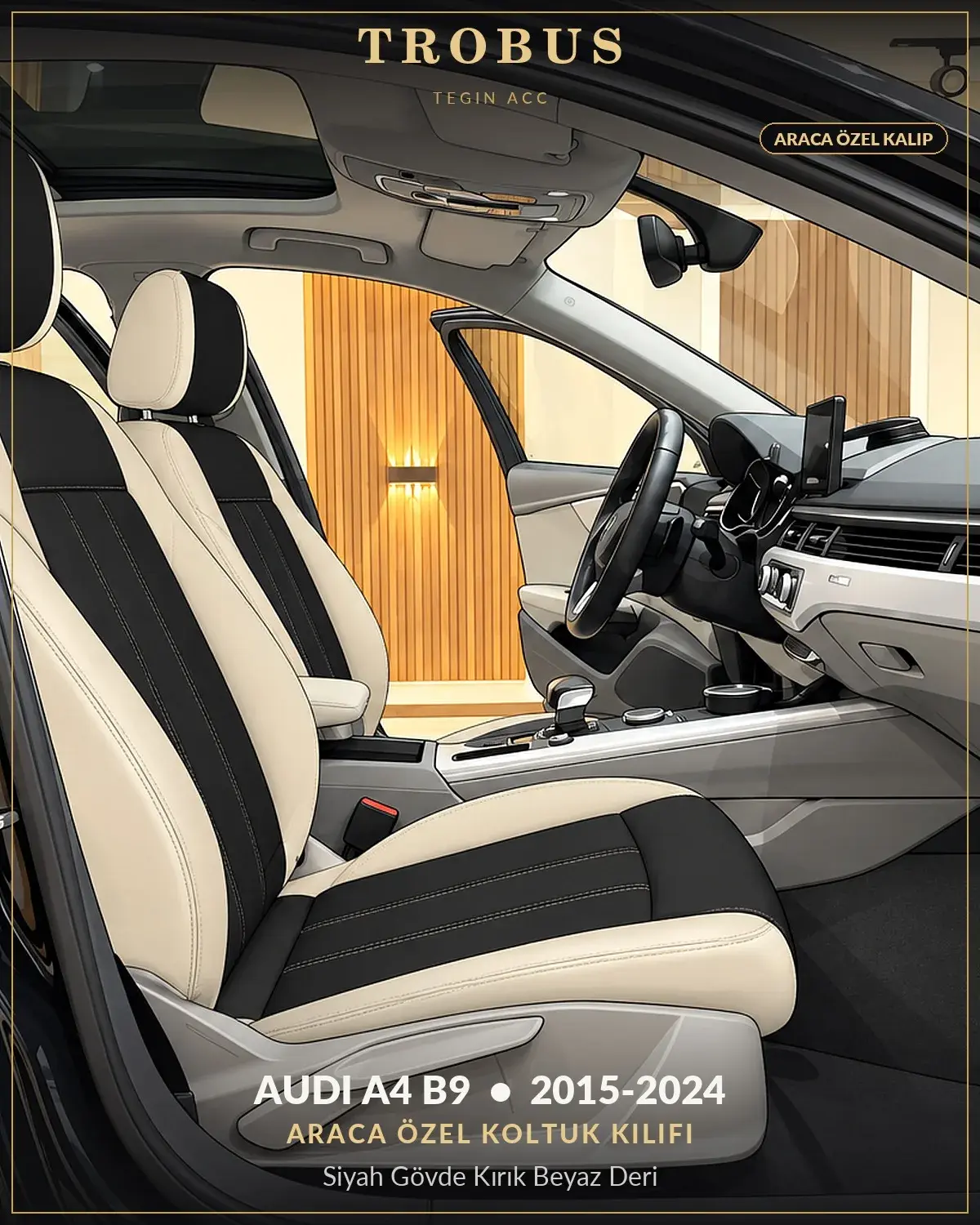Audi A4 B9 2015-2024 Araca Özel Koltuk Kılıfı Siyah Gövde Kırık Beyaz Deri (1)